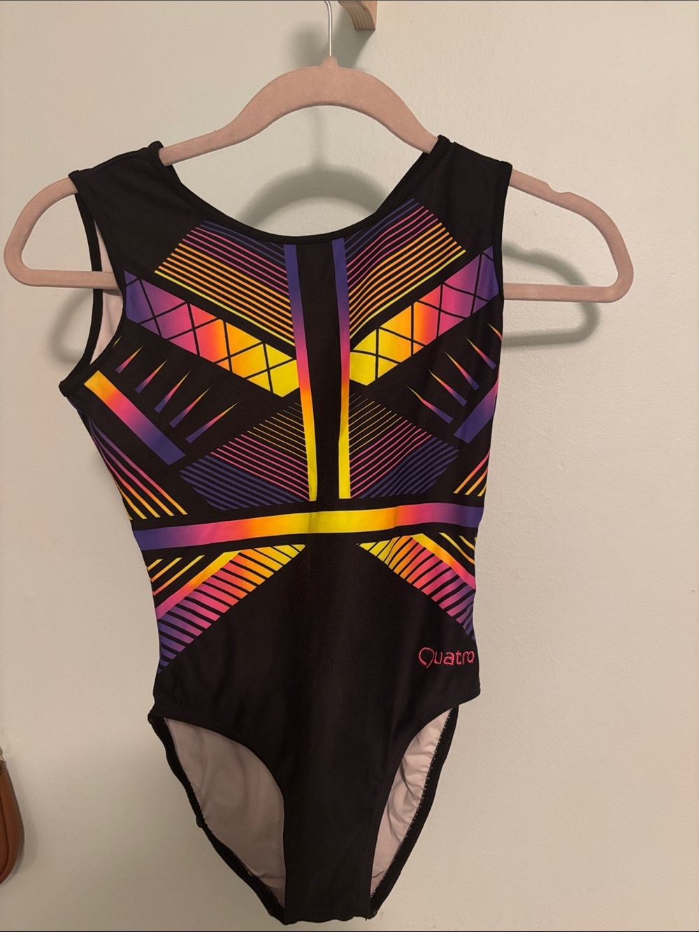 Girls' Black with Neon Geometric Print Quatro Gymnastics Leotard